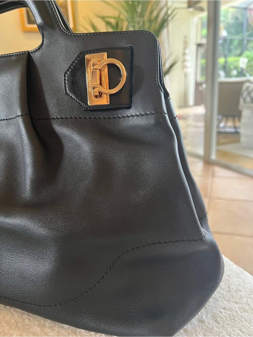 Black Leather Satchel with Gold Hardware